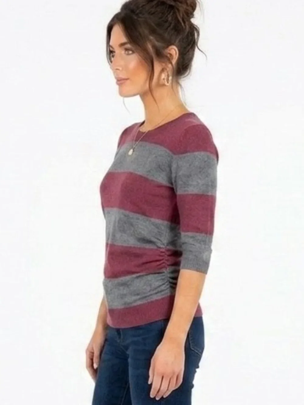 Pink Rose Burgundy Gray Striped Ruched Side Sweater Top Women's Small 3/4 Sleeve